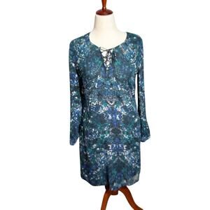 CAbi dress Noel Eternity black green Damask floral shift long sleeve lacing Sz S